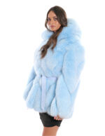 Damen 44 hellblaue Fuchsjacke mit Pelzkapuze und langärmeligem Gürtel – Bild 3