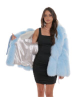 Damen 44 hellblaue Fuchsjacke mit Pelzkapuze und langärmeligem Gürtel – Bild 7
