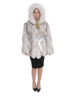 Damen 44 Weiße Gradient Fur Hood Transverse Fox Jacke mit Langarmgürtel – Bild 5