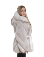 Damen 44 Weiße Gradient Fur Hood Transverse Fox Jacke mit Langarmgürtel – Bild 4
