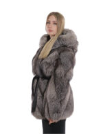 Giacca in volpe trasversale 42 argentata cappuccio pelliccia donna con cintura a maniche lunghe