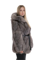 Giacca in volpe trasversale 42 argentata cappuccio pelliccia donna con cintura a maniche lunghe
