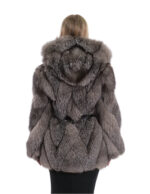 Giacca in volpe trasversale 42 argentata cappuccio pelliccia donna con cintura a maniche lunghe
