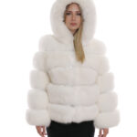 Giacca lunga 64 cm 42 pelliccia volpe bianco ottico lavorazione orizzontale con maniche lunghe e cappuccio