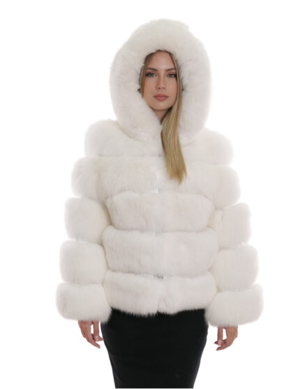 Giacca lunga 64 cm 42 pelliccia volpe bianco ottico lavorazione orizzontale con maniche lunghe e cappuccio