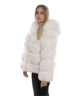 Giacca lunga 64 cm 42 pelliccia volpe bianco ottico lavorazione orizzontale con maniche lunghe e cappuccio
