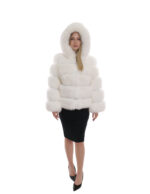 Giacca lunga 64 cm 44 pelliccia volpe bianco ottico lavorazione orizzontale con maniche lunghe e cappuccio