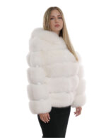 Giacca lunga 64 cm 44 pelliccia volpe bianco ottico lavorazione orizzontale con maniche lunghe e cappuccio