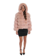 Horizontale Fuchspelzjacke 44 3/4 Ärmel und rosa Kapuzenverschlusshaken – Bild 5