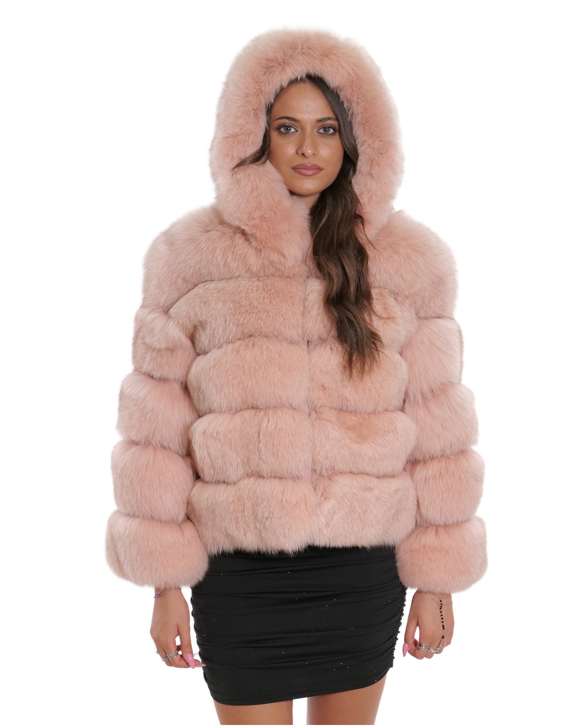 Giacca pelliccia di volpe orizzontale 44 manica 3/4 e cappuccio rosa chiusura ganci Giacca pelliccia di volpe orizzontale 44 manica 3/4 e cappuccio rosa chiusura ganci