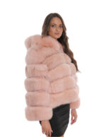 Horizontale Fuchspelzjacke 44 3/4 Ärmel und rosa Kapuzenverschlusshaken – Bild 4