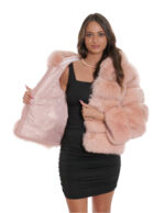 Horizontale Fuchspelzjacke 44 3/4 Ärmel und rosa Kapuzenverschlusshaken – Bild 7