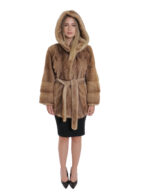 Mink coat with full leather belt and horizontal hazelnut sleeves 40 with hood - Image 5