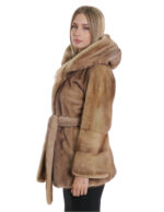 Mink coat with full leather belt and horizontal hazelnut sleeves 40 with hood - Image 3