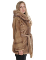 Mink coat with full leather belt and horizontal hazelnut sleeves 40 with hood - Image 4