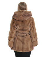 Mink coat with full leather belt and horizontal hazelnut sleeves 40 with hood - Image 6