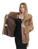 Mink coat with full leather belt and horizontal hazelnut sleeves 40 with hood - Image 7