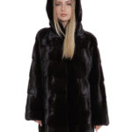 Cappotto 84cm colore cioccolato 54 pelliccia visone orizzontale con cappuccio