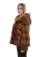 Gold mink jacket fur 46 drawstring waist and hood three-quarter sleeve hood outside pockets - Image 3