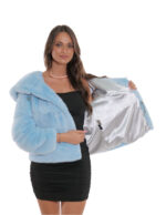 Giacca acquamarina visone pelliccia 44 coulisse vita e cappuccio manica tre quarti cappuccio tasche esterne