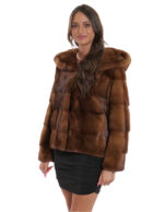 Dark gold mink fur hooded jacket 44 drawstring and three-quarter sleeve hood - Image 3