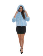 Giacca cappuccio celeste acquamarina visone pelliccia 44 fodera argento coulisse vita cappuccio manica corta