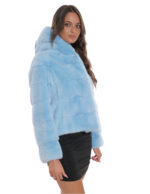 Giacca cappuccio celeste acquamarina visone pelliccia 44 fodera argento coulisse vita cappuccio manica corta