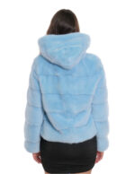 Giacca cappuccio celeste acquamarina visone pelliccia 44 fodera argento coulisse vita cappuccio manica corta