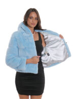Giacca cappuccio celeste acquamarina visone pelliccia 44 fodera argento coulisse vita cappuccio manica corta