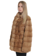 Redglow beige pelliccia visone tasche boccale 50 orizzontale collo coreana lungo 72 cm donna