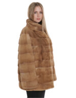 Redglow beige pelliccia visone tasche boccale 50 orizzontale collo coreana lungo 72 cm donna