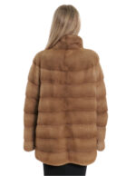 Redglow beige pelliccia visone tasche boccale 50 orizzontale collo coreana lungo 72 cm donna
