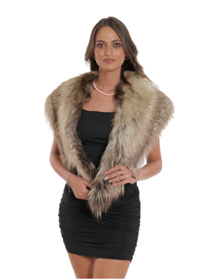 Stola collo in pelliccia di volpe argentata beige con 2 ganci a chiusura molto grande
