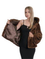 Giacche 46 maniche pelle intera gold scuro orizzontale cappuccio visone pelliccia coulisse
