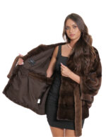 Demi Buff Mink Cape 48/54 mit horizontaler Volllederstrickung mit Kapuze und Hüftgurt – Bild 7