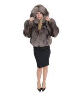 Transversal fox fur jacket 42 long sleeves and silver hood zip closure - Image 5