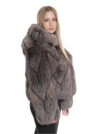 Transversal fox fur jacket 42 long sleeves and silver hood zip closure - Image 4