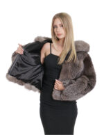 Transversal fox fur jacket 42 long sleeves and silver hood zip closure - Image 7