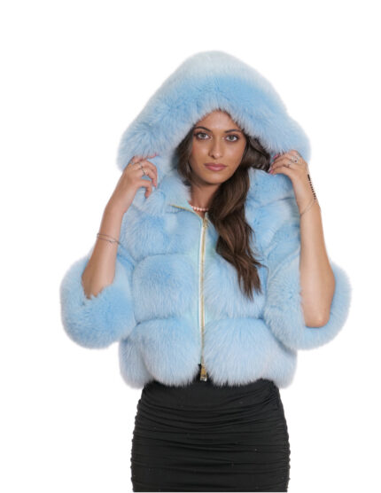 Giacca pelliccia volpe 40 azzurro lunga 50 cm con manica tre quarti e cappuccio con pelliccia interna