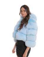 Giacca pelliccia volpe 46 azzurro lunga 50 cm con manica tre quarti e cappuccio con pelliccia interna