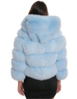 Giacca pelliccia volpe 44 azzurro lunga 50 cm con manica tre quarti e cappuccio con pelliccia interna