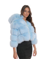 Giacca pelliccia volpe 44 azzurro lunga 50 cm con manica tre quarti e cappuccio con pelliccia interna