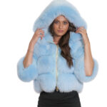 Giacca pelliccia volpe 46 azzurro lunga 50 cm con manica tre quarti e cappuccio con pelliccia interna