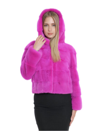 Giacca cappuccio fucsia acceso visone pelliccia 42 manica tre quarti chiusura ganci