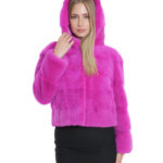 Giacca cappuccio fucsia acceso visone pelliccia 44 manica tre quarti chiusura ganci