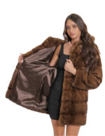 Cappotto gold scuro visone pelliccia 48 sfumato 80 cm manica lunga cappuccio foderato pelliccia