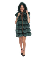 Gilet volpe con cappuccio 60 pelliccia con pelle nero scamosciata zip oro a chiusura e sui lati
