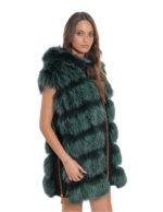 Gilet volpe con cappuccio 60 pelliccia con pelle nero scamosciata zip oro a chiusura e sui lati