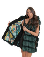 Gilet volpe con cappuccio 60 pelliccia con pelle nero scamosciata zip oro a chiusura e sui lati