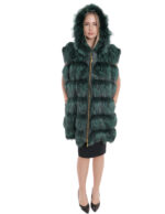Fox vest with hood 62 fur with shiny green leather gold zip closure and sides - Image 5